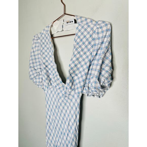 RIXO Blue White Checkered Steph Crepe Tie Back Puff Sleeves Midi Dress Size 10 - Picture 6 of 13